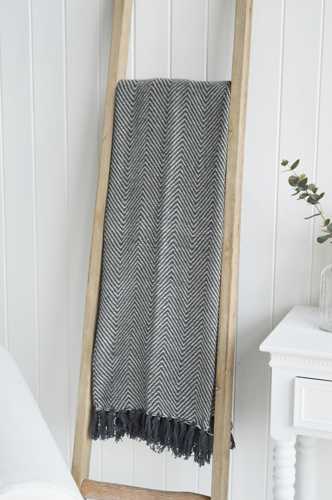 Grey Herringbone Throw for New England interiors and furniture for country, coastal and city homes width=