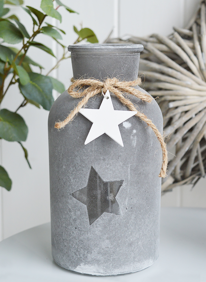 Grey star glass vases with white hearts from The White Lighthouse New England furniture