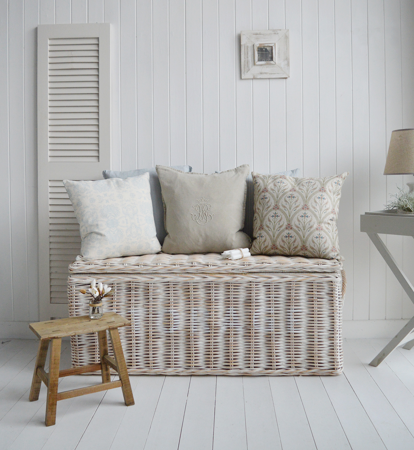 The Famington storage seat with an array of cushions as a large storage bench perfectly suited  hallway furniture for coastal and country homes