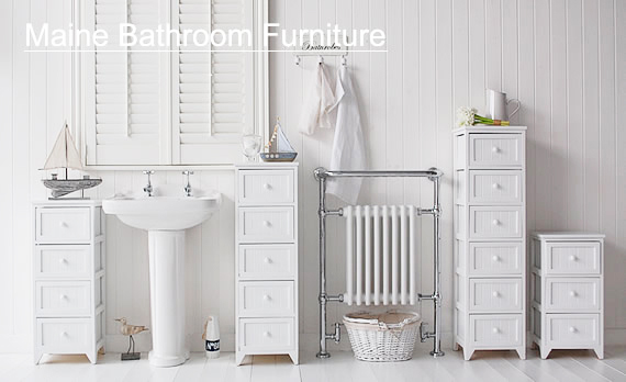 Maine white bathroom storage furniture for New England style ineriors and bathrooms