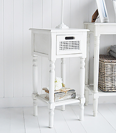 Colonial White lamp table with a drawer and shelf, Suitable for all white living room and hallway furniture in coastal, country and New England interiors