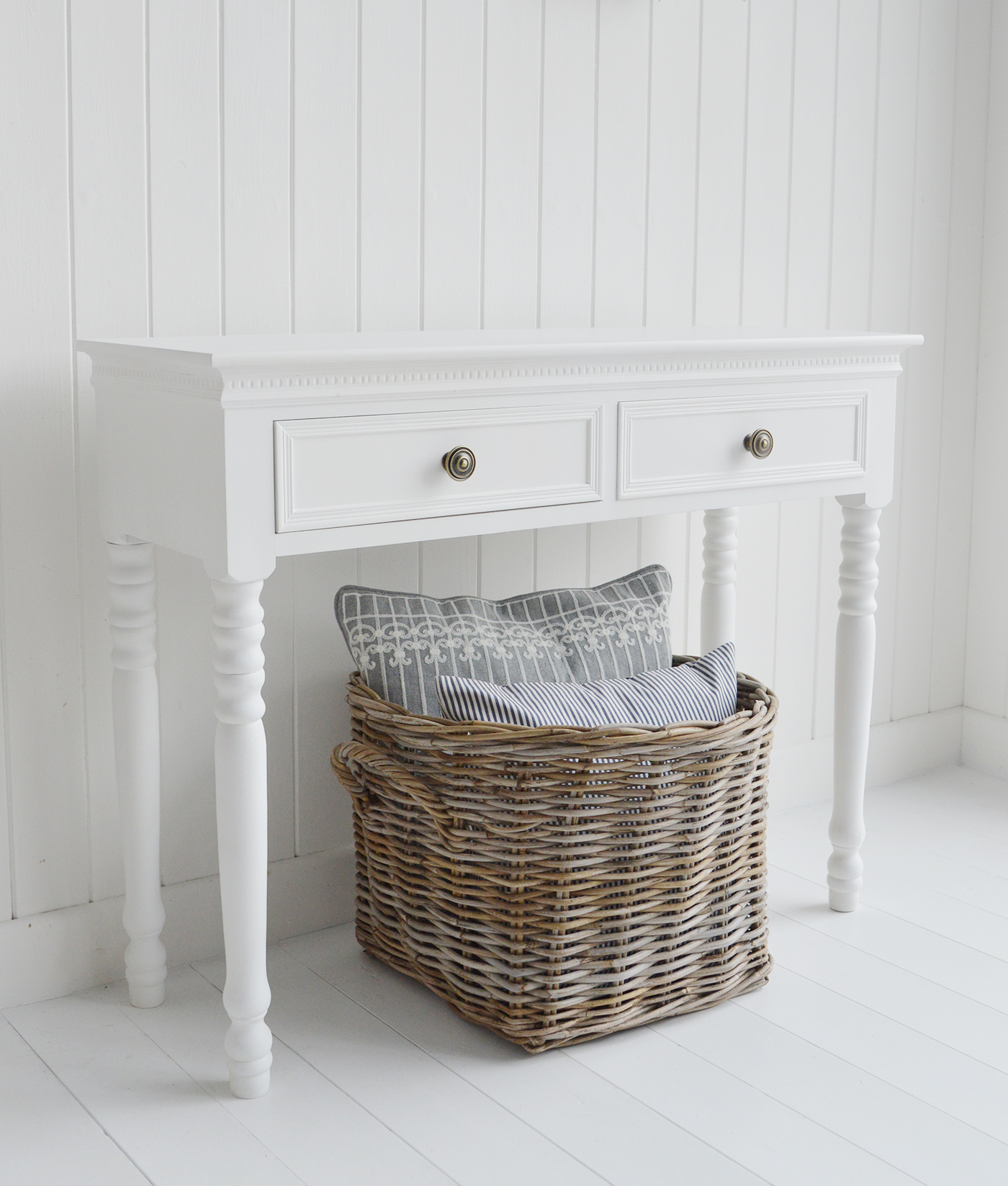 The New England white dressing table with 2 drawers and antique brass handles from The White Lighthouse range of bedroom dressers and furniture. Coastal, country, cottage and city bedroom interiors and decor