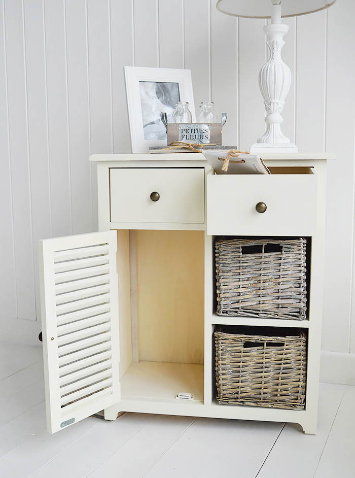 Newbury Cream Storage cabinet with 2 drawer, 2 baskets and cupboard with open drawers