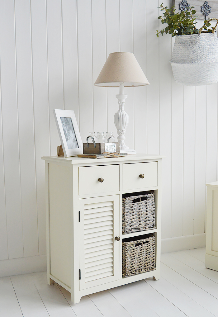 Newbury Cream Storage cabinet with 2 drawer, 2 baskets and cupboard for lamp table in living room