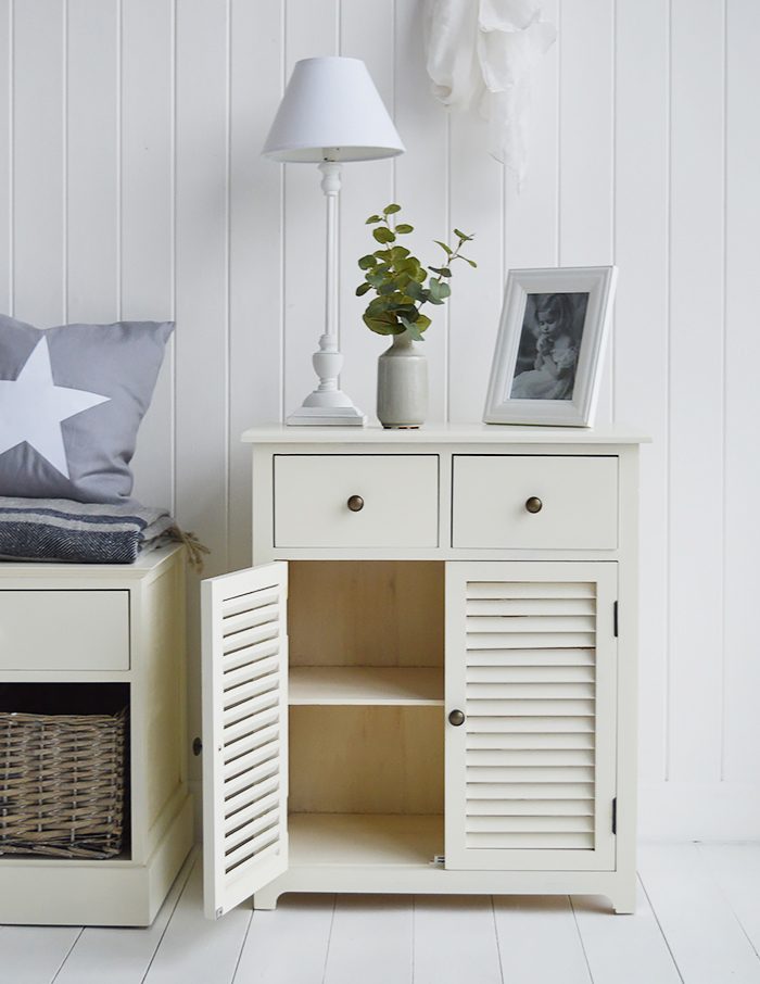 Newbury cream storage cabinet with double shelved open cupboard and two drawers for bedroom, bathroom, living room and hallway storage furniture