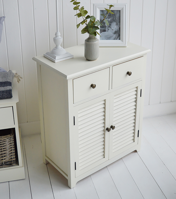Newbury cream storage cabinet with a double shelved cupboard and two drawers for bedroom, bathroom, living room and hallway storage furniture