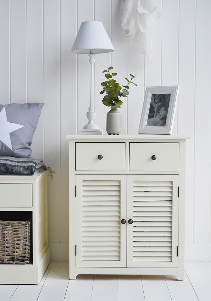 Newbury cream storage cabinet with double shelved cupboard and two drawers for bedroom, bathroom, living room and hallway storage furniture