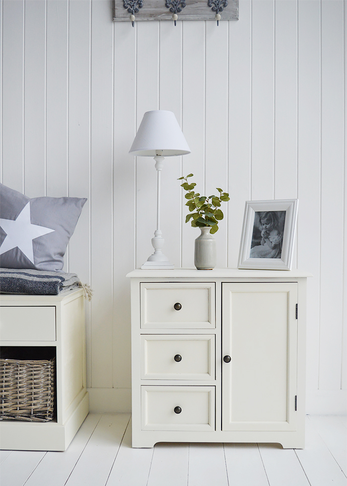 Newbury Cream furniture. A small cabinet with three drawers and a cupboard fromt The White Lighthouse