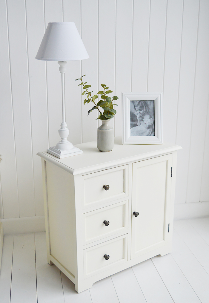 Newbury cream storage furniture with drawers and cupboard, an ideal lamp table for the living room