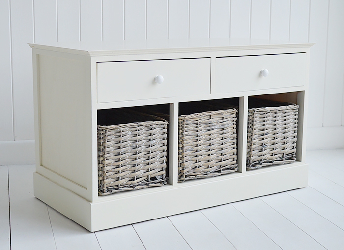 Cream Newbury storage bench from the fron to show the 5 drawers
