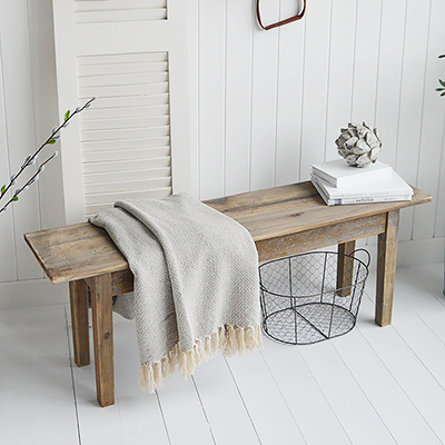 Pawtucket rustic wooden bench for New England hallway furniture