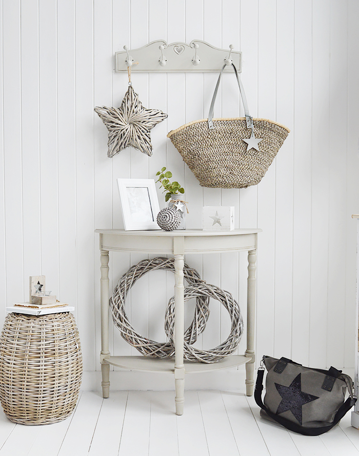 Plymouth half moon grey console hallway table with a shelf from New England, Coastal and Country furniture and home interiors