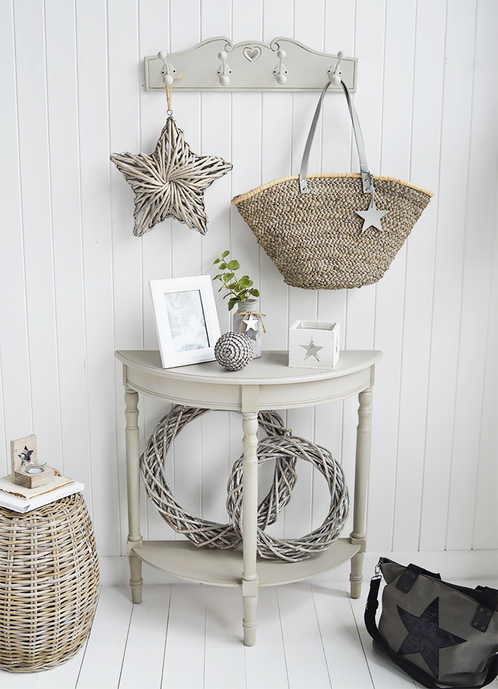 Plymouth half moon grey console hallway table with a shelf from New England, Coastal and Country furniture and home interiors