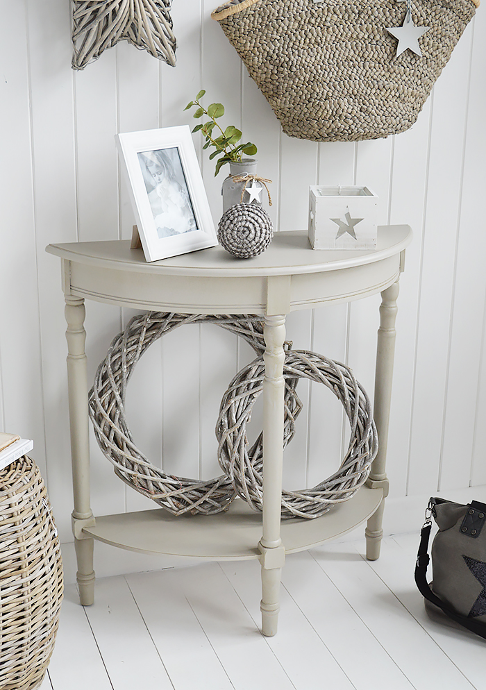 Plymouth half moon grey console hallway table with a shelf from New England, Coastal and Country furniture and homes and interior. The White Lighthouse