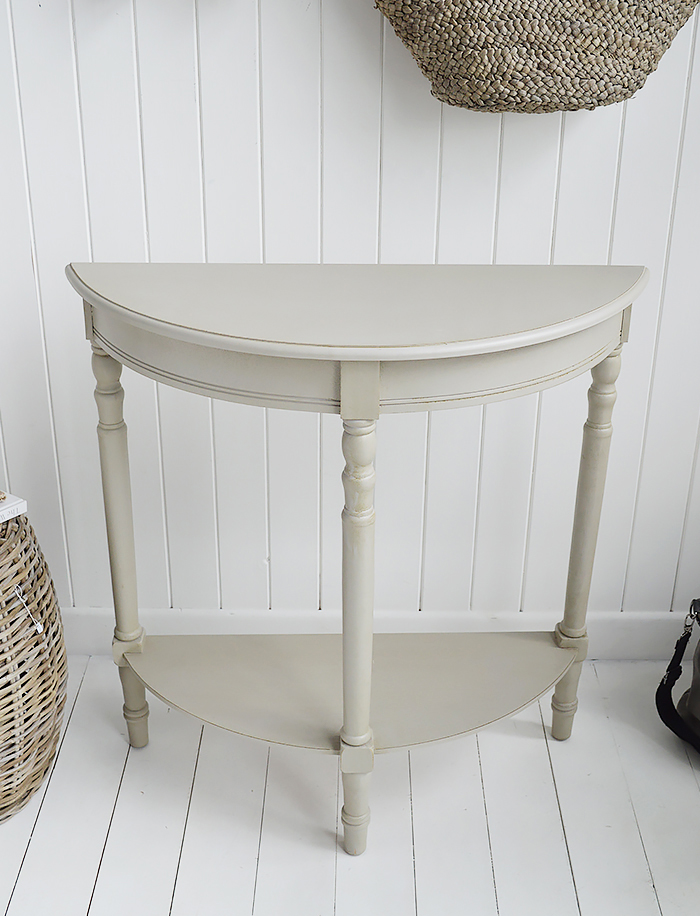 Plymouth half moon grey console hallway table with a shelf from The White Lighthouse  New England, Coastal and Country furniture and home interiors