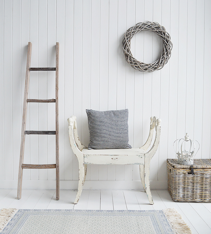 The Provincetown white distressed bench seat. Coastal styled hallway furniture