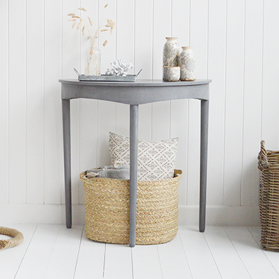 Putney Grey Half Moon Console Table for New England Coastal, Country and Farmhouse Hallway Furniture