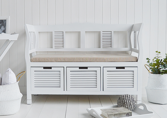 White Storage seat with cushion for The White Lighthouse hallway furniture