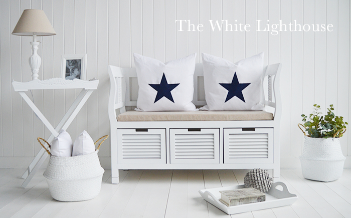 The Rhode Island white storage seat for hallway seating form The White Lighthouse Furniture