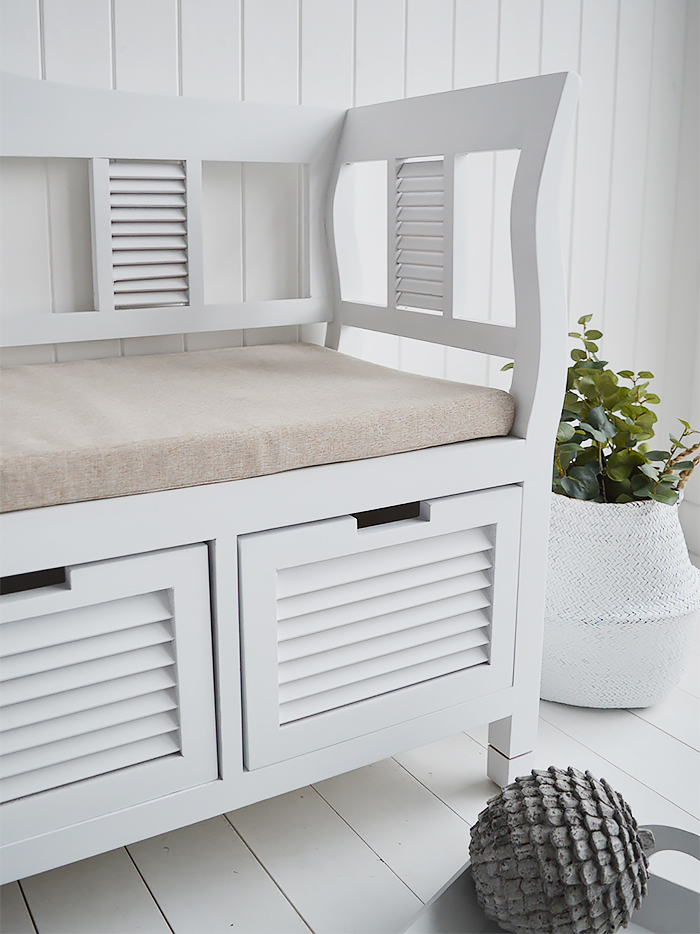 Rhode Island white storage seat bench with three drawers for bedroom and hallway furniture. Delivered Fully Assembled in UK