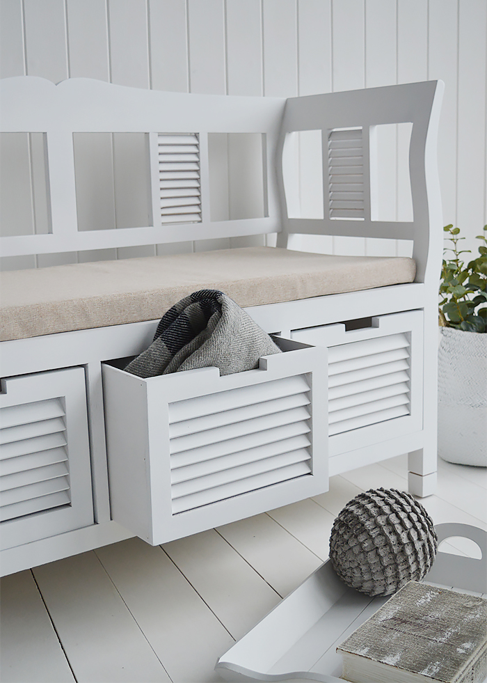 Rhode Island white storage seat with cushion and drawers for hallway furniture