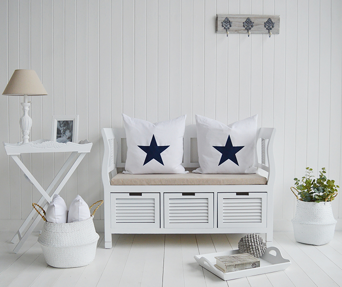 The Rhode Island white storage seat bench for hallway seating
