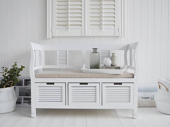Rhode Island white storage seat with cushion and drawers with high arms