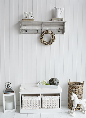 Parisian grey wall shelf with hooks and white storage seat for hall furniture