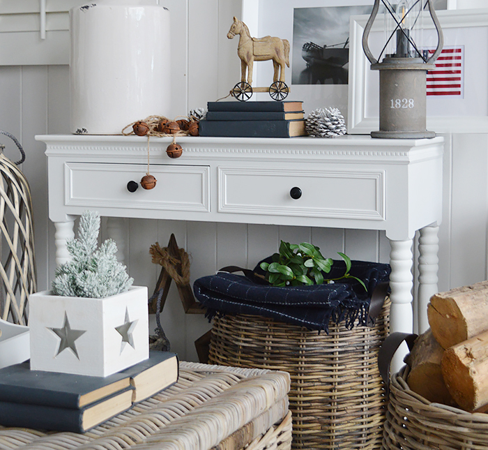 New England furniture - Beach, Coastal, Modern Farmhouse and country white furniture for hallways. White console table or dressing table with black handles and two drawers