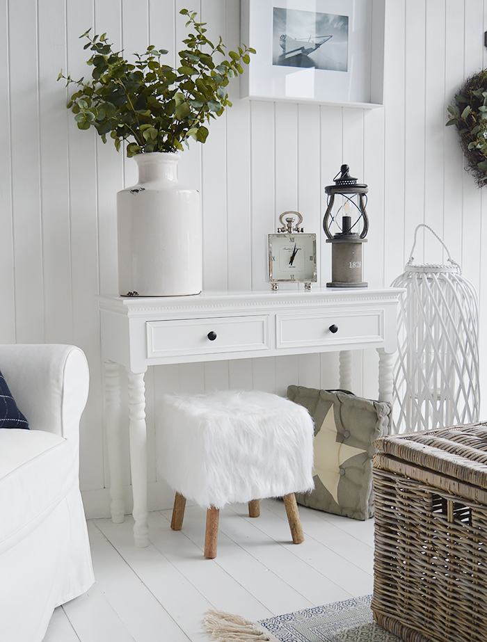 New England furniture - Beach, Coastal, Modern Farmhouse and country white furniture for hallways. White console table or dressing table with black handles and two drawers