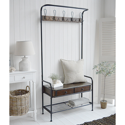 Windsor Hallway Stand - Bench Seat, shelf and Coat Rack for complete Hall Entry Way in antiqued black metal for modern farmhouse, coastal and country New England Interiors 