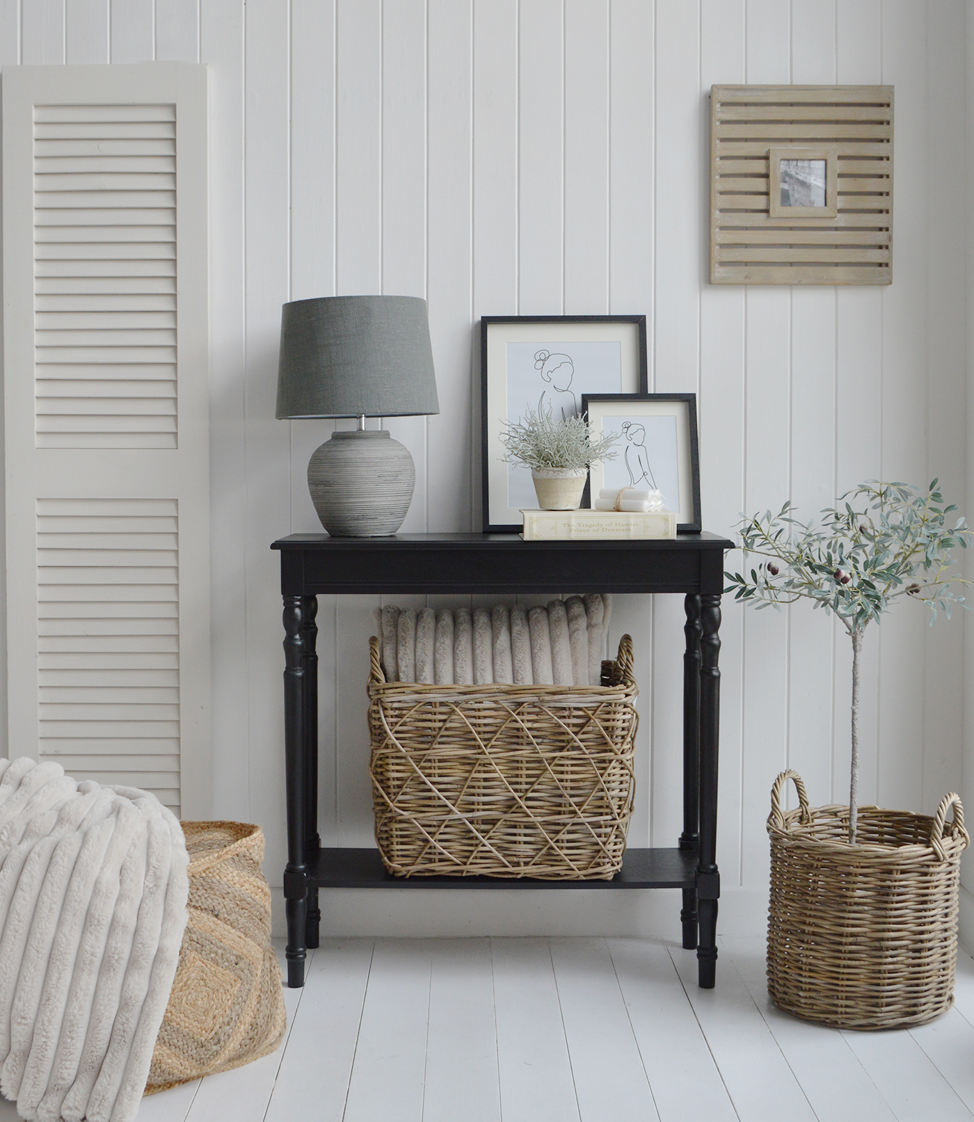 Ashby black console hall table with a shelf for an elegant Hamptons Beach House interior in your hall entry way