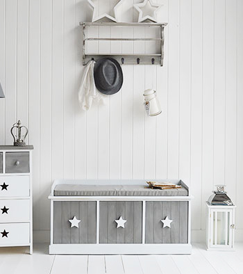 Grey hooks shelf and storage bench for hall furniture