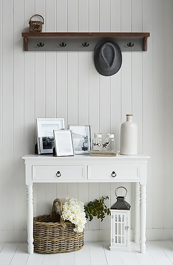 Grey and white hall furniture. New England white console table with grey Brunswick coat rack