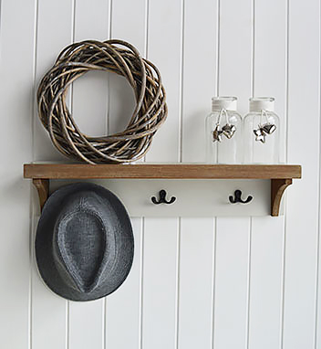 Hallway grey wall shelves and hooks