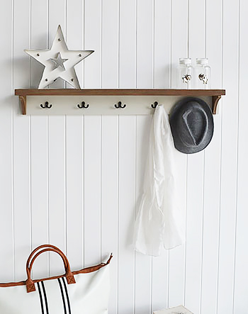 Brunswick coat rack with 5 hooks and shelf, simple hallway furniture solutions, matching storage bench also available