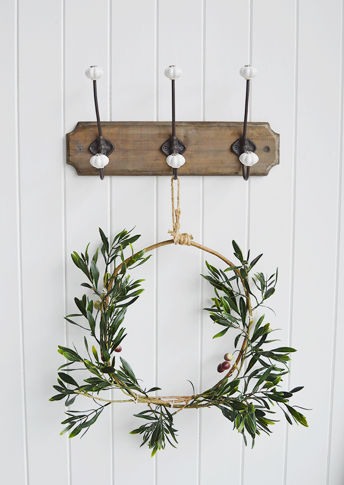 Hall furniture and accessories for the home. Richmond three double hooks coat rack for the hall. Coastal, Country and white New England furniture for the hallway, living room, bedroom and bathroom from The White Lighthouse Home Interiors