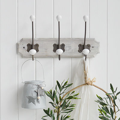 The Pawtucket grey wood wall rack is a strong and sturdy set of 3 hooks ideal for hanging coats, towels etc or purely for decorative purposes to add interest to an empty wall for New England interiors for all coastal and country homes.