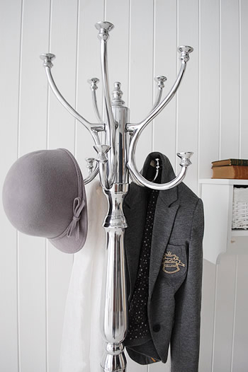 A close image to show the Bentwood style hooks on this traditional style silver coat stand for hall