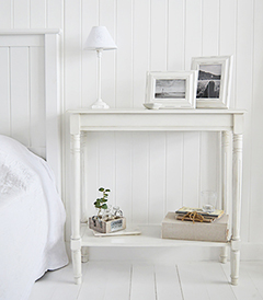 White large table ideal for bedsides fro White furniture in both new england country and coastal homes