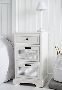 Colonial white bedside table with three drawers for bedroom storage