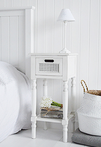 Colonial White narrow bedside with shelf and drawer