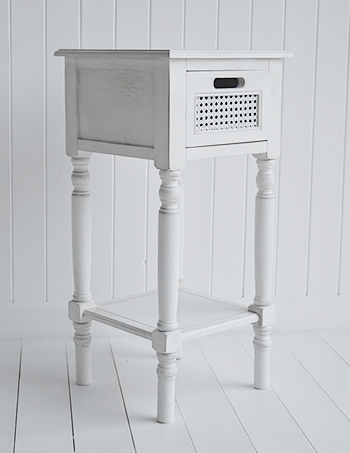 White lamp table. White bedroom and hallway furniture