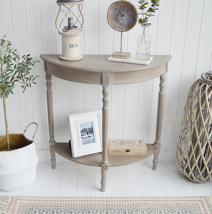 New England style hallway furniture. Finished in white washed driftwood grey console table with shelf to style