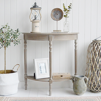 Montauk driftwood grey half moon console table . Perfect for New England, coastal, country or modern farmhouse hallway, living room and bedroom furniture