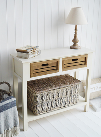 Norfolk hallway table in cream with crate drawers and shelf
