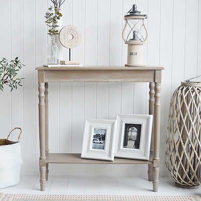 Montauk driftwood grey narrow console table . Perfect for New England, coastal, country or modern farmhouse hallway, living room and bedroom furniture