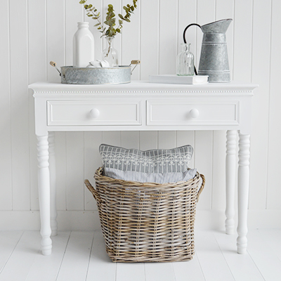 New England furniture - Beach, Coastal, Modern Farmhouse and country white furniture for hallways. White console table or dressing table with white handles and two drawers