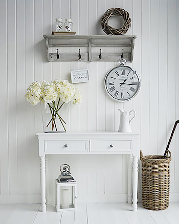 The New England white narrow hall table with silver handles