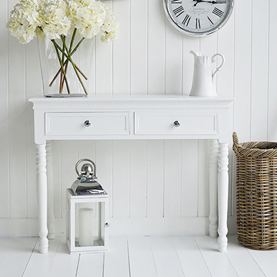 New England white console table with drawers for white hallway furniture